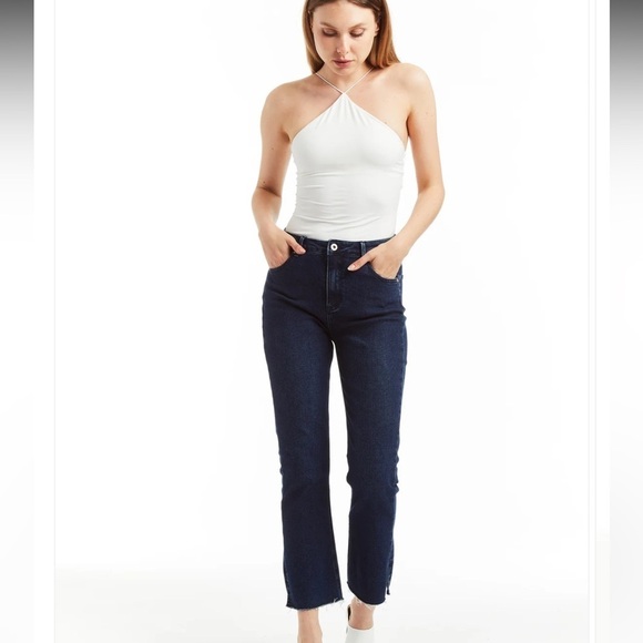 Tractr Denim - Tractr High Rise Ankle Crop Flare with Side Slit Fray Hem